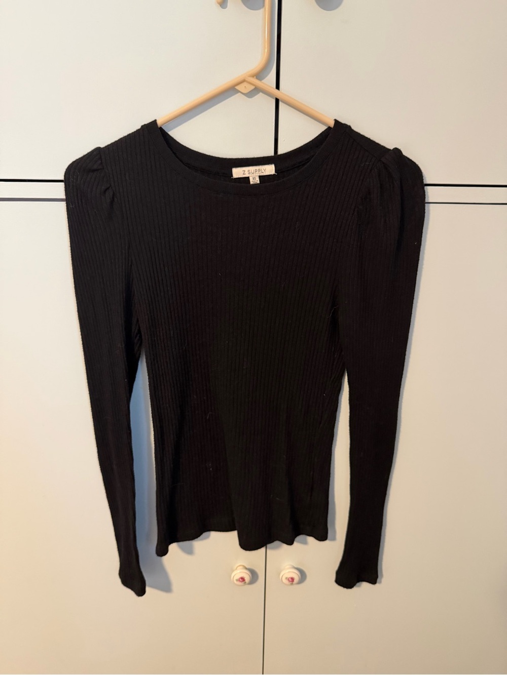 Z Supply Black Ribbed Long Sleeve Puff Shoulder Top